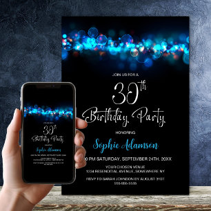 Invitación Fiesta de cumpleaños 30 con efecto bokeh azul y ne