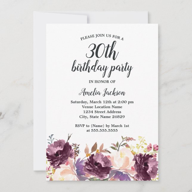 Invitación Fiesta de Cumpleaños 30 con Floral Bloom Morado Ac (Anverso)