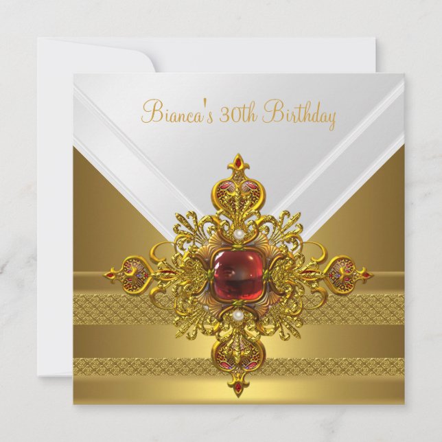 Invitación Fiesta de cumpleaños 30 con joya roja blanca dorad (Anverso)