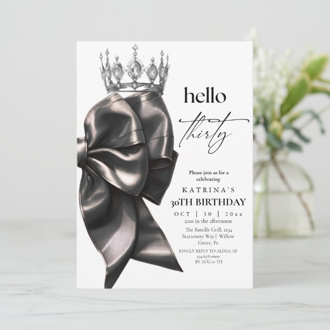 Invitación Fiesta de cumpleaños 30 con lazo negro (Anverso de pie)