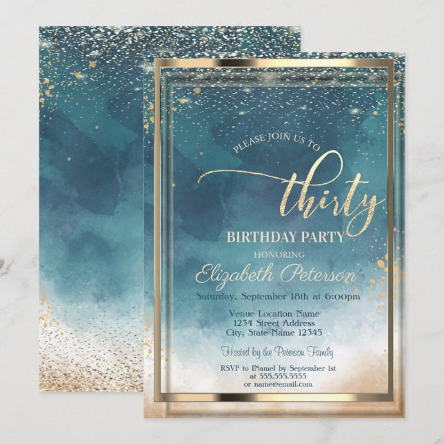 Invitación Fiesta de Cumpleaños 30 con Salpicadura de Acuarel (Anverso / Reverso)