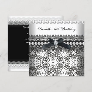 Invitación Fiesta de cumpleaños 30 Damask Negro Perla Blanca