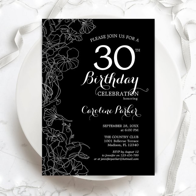 Invitación Fiesta de cumpleaños 30 de Black White Floral (Subido por el creador)