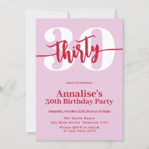 Invitación Fiesta de cumpleaños 30 de color Rojo rosado moder