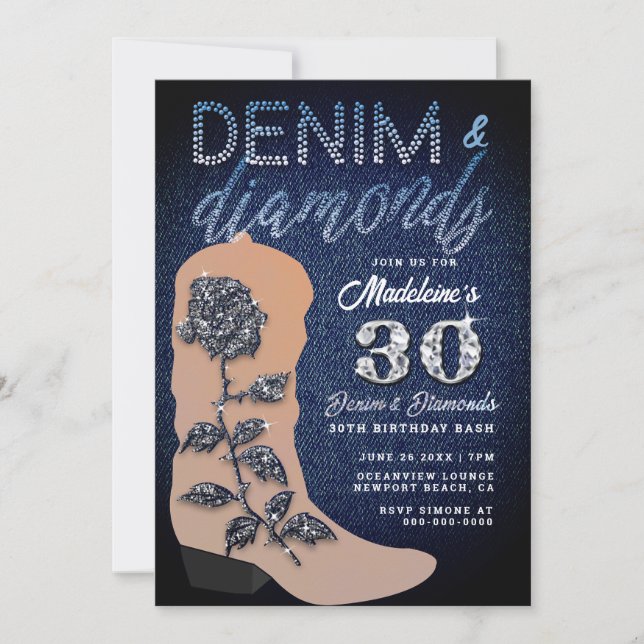 Invitación Fiesta de cumpleaños 30 de Denim Diamonds Boot Ros (Anverso)