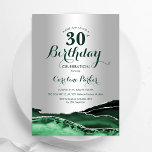 Invitación Fiesta de cumpleaños 30 de Emerald Green Silver Ag<br><div class="desc">Invitación a la fiesta de cumpleaños número 30 de la edad verde esmeralda y plata. Elegante diseño moderno con fondo geodésico de mármol agate acuarela, letra falsa purpurina plateada y tipografía. La carta de invitación de moda es perfecta para una elegante celebración del cumpleaños de las mujeres. Invitaciones Zazzle impresas...</div>