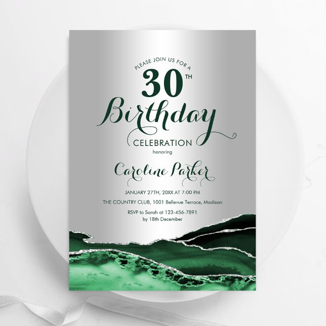 Invitación Fiesta de cumpleaños 30 de Emerald Green Silver Ag (Subido por el creador)