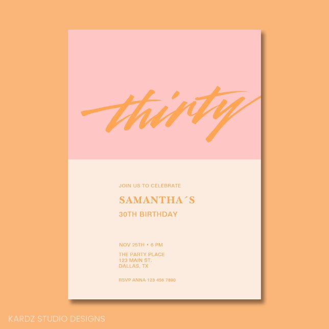 Invitación Fiesta de cumpleaños 30 de escritura rosa moderna (30th Birthday Party Invitation in blush pink and cream with modern script typography)