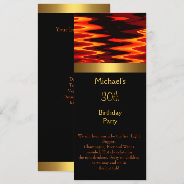 Invitación Fiesta de Cumpleaños 30 de Fire Gold Black Largo 2 (Anverso / Reverso)