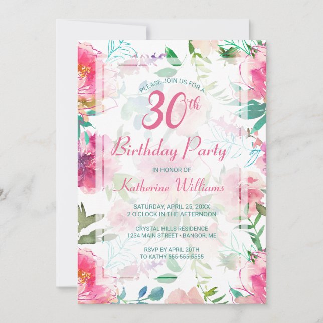 Invitación Fiesta de cumpleaños 30 de Flor de Peonía Rosa Tro (Anverso)