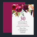 Invitación Fiesta de cumpleaños 30 de Floral de Boho rosa y b<br><div class="desc">Floral rosa y borgoñona Boho 30th Birthday Fiesta Boho moda borgoña Color de agua rojo rosa blanco floral Hermoso ilustracion acuarela pintado a mano</div>