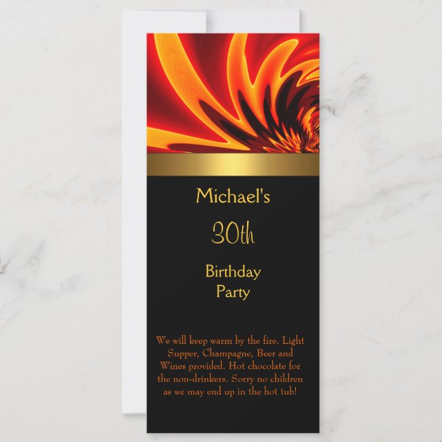 Invitación Fiesta de Cumpleaños 30 de Fuego Dorado Negro Larg (Anverso)