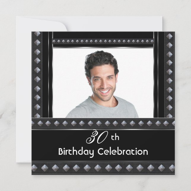 Invitación Fiesta de cumpleaños 30 de hombre negro blanco pla (Anverso)