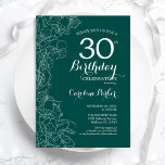 Invitación Fiesta de cumpleaños 30 de la floral verde verde a<br><div class="desc">Invitación a la fiesta de cumpleaños 30 de Green Floral. Diseño moderno minimalista con acentos de dibujos botánicos y tipo de letra de guión tipográfico. Sencilla carta de invitación a la moda, perfecta para una elegante celebración de cumpleaños femenina. Se puede personalizar a cualquier edad. Invitaciones Zazzle impresas o una...</div>