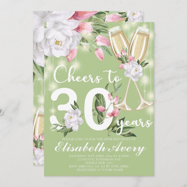 Invitación Fiesta de cumpleaños 30 de Luxury Champagne Floral (Anverso / Reverso)