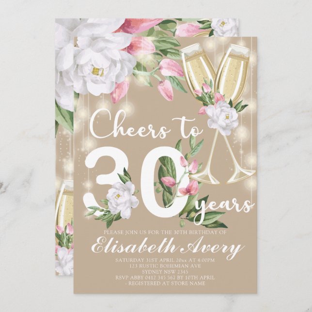 Invitación Fiesta de cumpleaños 30 de Luxury Champagne Floral (Anverso / Reverso)