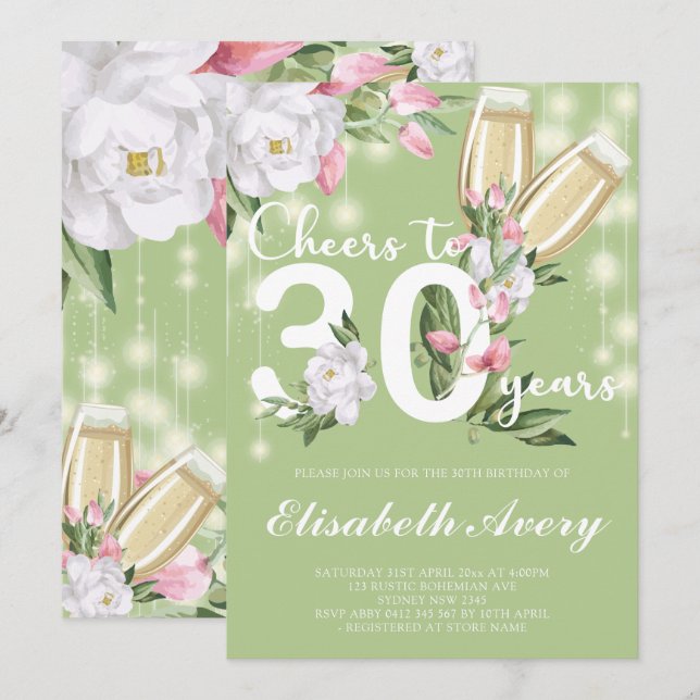 Invitación Fiesta de cumpleaños 30 de Luxury Green Champagne  (Anverso / Reverso)