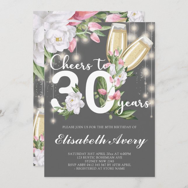 Invitación Fiesta de cumpleaños 30 de Luxury Grey Champagne F (Anverso / Reverso)