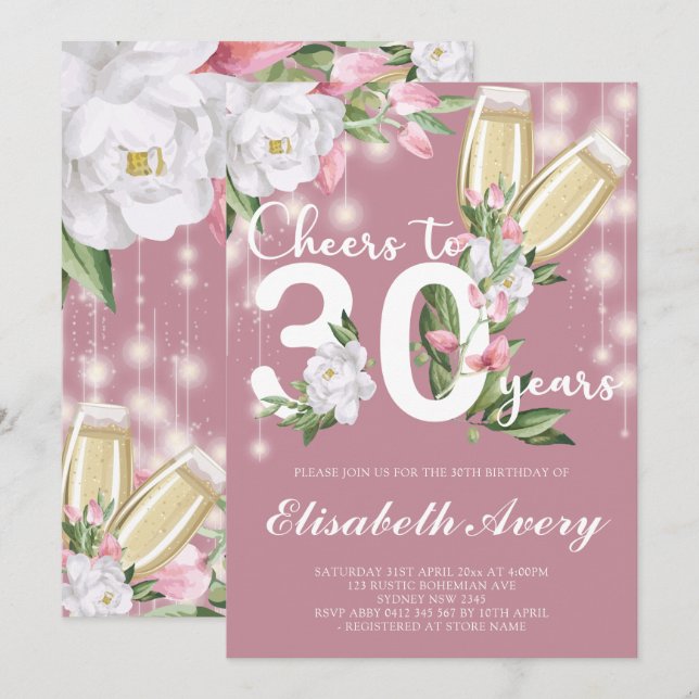 Invitación Fiesta de cumpleaños 30 de Luxury Pink Champagne F (Anverso / Reverso)
