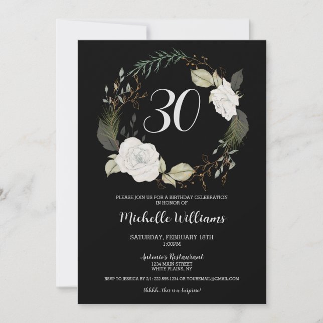 Invitación Fiesta de cumpleaños 30 de moda Floral Wreath Gold (Anverso)