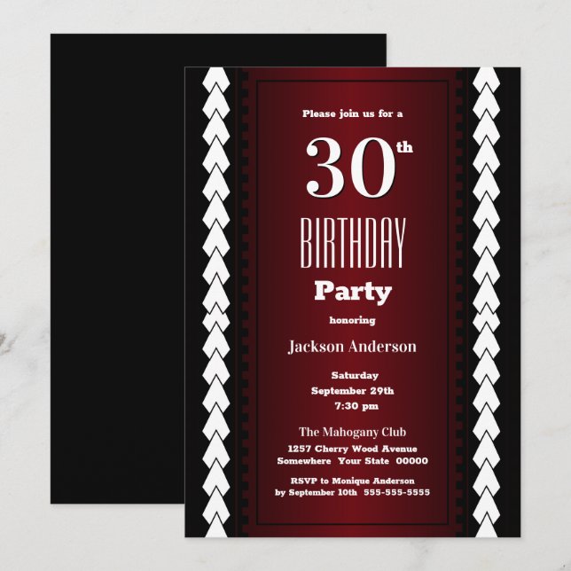 Invitación Fiesta de cumpleaños 30 de negro y borgoña (Anverso / Reverso)