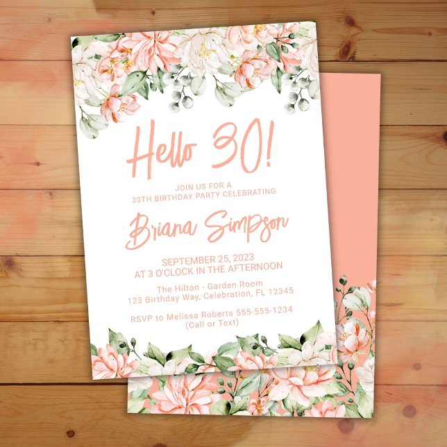 Invitación Fiesta de cumpleaños 30 de Peach Rubor Ivory Flora (Subido por el creador)