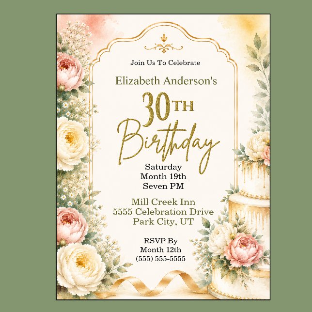 Invitación Fiesta de cumpleaños 30 de Peonía Hermosa (Beautiful Peony Flower 30th Birthday Invitation For Women.)