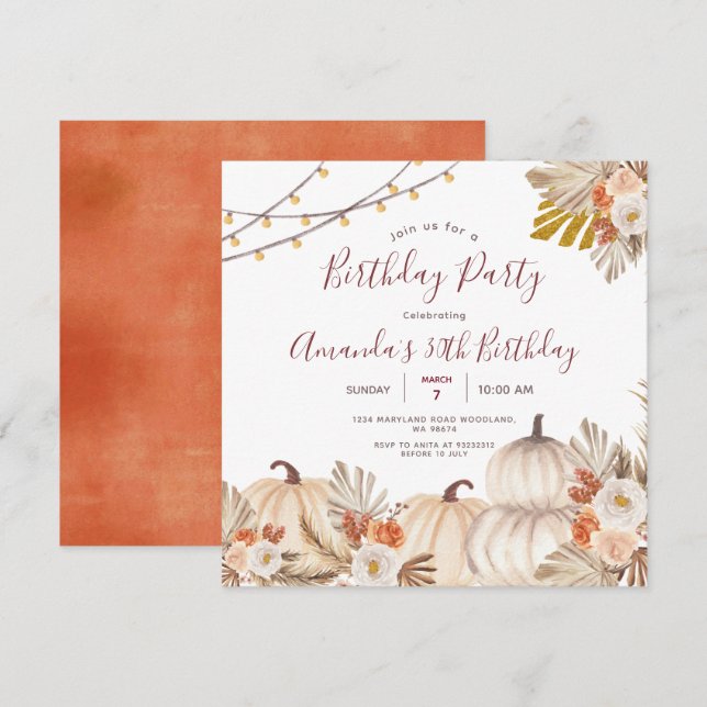 Invitación Fiesta de cumpleaños 30 de Pumpkin Boho hierba de  (Anverso / Reverso)