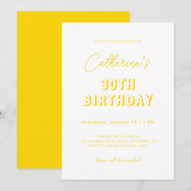 Invitación Fiesta de cumpleaños 30 de Retro Amarillo Moderno (Anverso / Reverso)