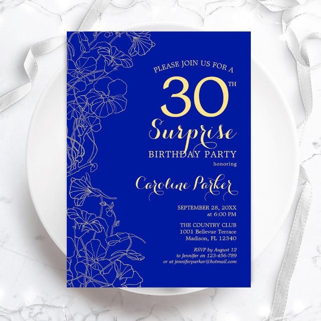 Invitación Fiesta de cumpleaños 30 de Royal Blue Gold Surpris (Subido por el creador)