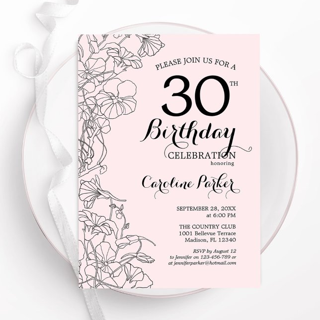 Invitación Fiesta de cumpleaños 30 de Rubor Pink Floral (Subido por el creador)