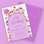 Invitación Fiesta de cumpleaños 30 del Arco Boho Purple Wildf<br><div class="desc">Un arco morado de Boho rodea los detalles de su fiesta de cumpleaños número 30. Las flores silvestres coloridas le dan un toque floral al color violeta, amarillo naranja y rojo. La escritura moderna también en morado agrega una atmósfera de moda que también es femenina. La parte posterior es púrpura...</div>