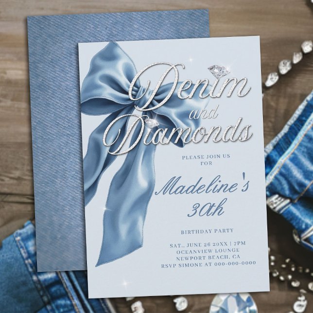 Invitación Fiesta de Cumpleaños 30 Denim Diamonds Lazo Azul C (denim and diamonds 30th birthday party invitation blue white bow bling sparkles classy)