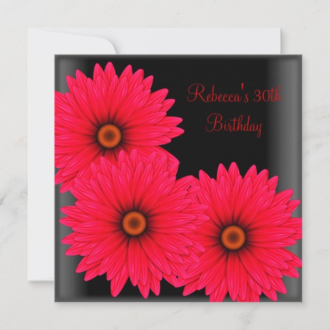 Invitación Fiesta de Cumpleaños 30 Elegante Flores Negras Roj (Anverso)