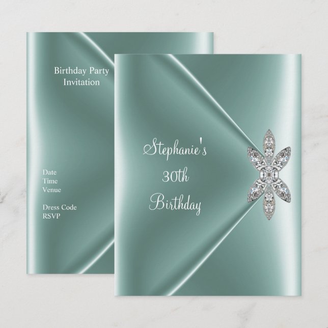 Invitación Fiesta de Cumpleaños 30 Elegante Verde Menta Joya (Anverso / Reverso)