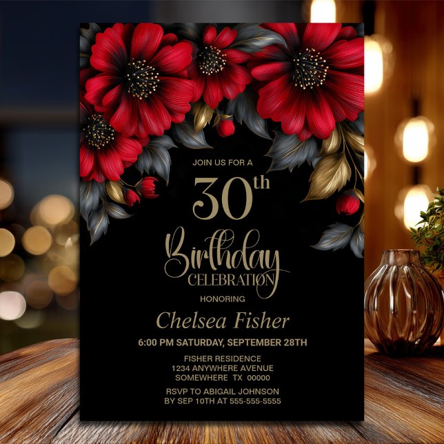 Invitación Fiesta de Cumpleaños 30 Estilosa con Flores Rojas  (Subido por el creador)