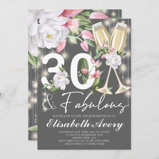 Invitación Fiesta de cumpleaños 30 Fabulosas Flores (Anverso / Reverso)