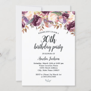 Invitación Fiesta de Cumpleaños 30 Floral Púrpura Floración A