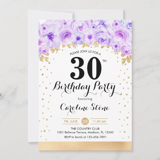 Invitación fiesta de cumpleaños 30 - Flores moradas de oro (Anverso)