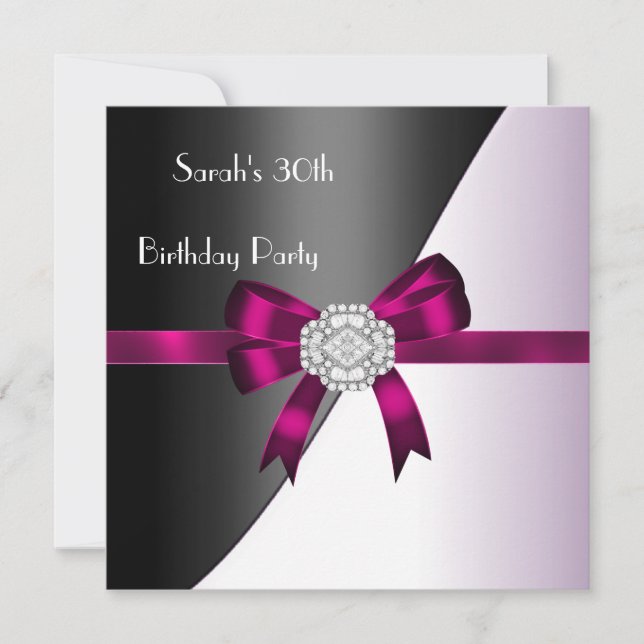 Invitación Fiesta de cumpleaños 30 Fucsia Blanco Diamante Neg (Anverso)