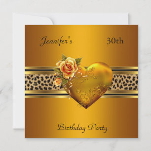 Invitación Fiesta de cumpleaños 30 Gold Heart Jewel Leopardo