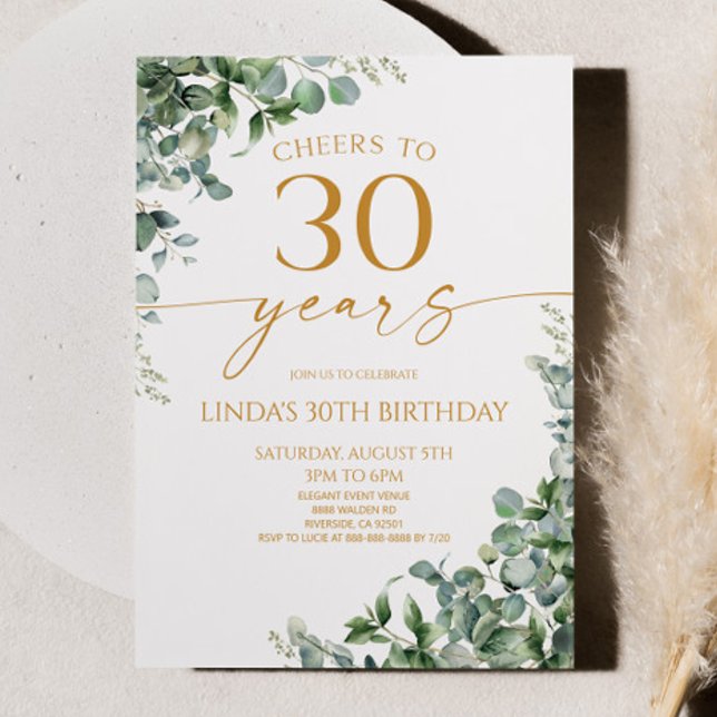 Invitación Fiesta de cumpleaños 30 Green Eucalyptus Gold (Subido por el creador)