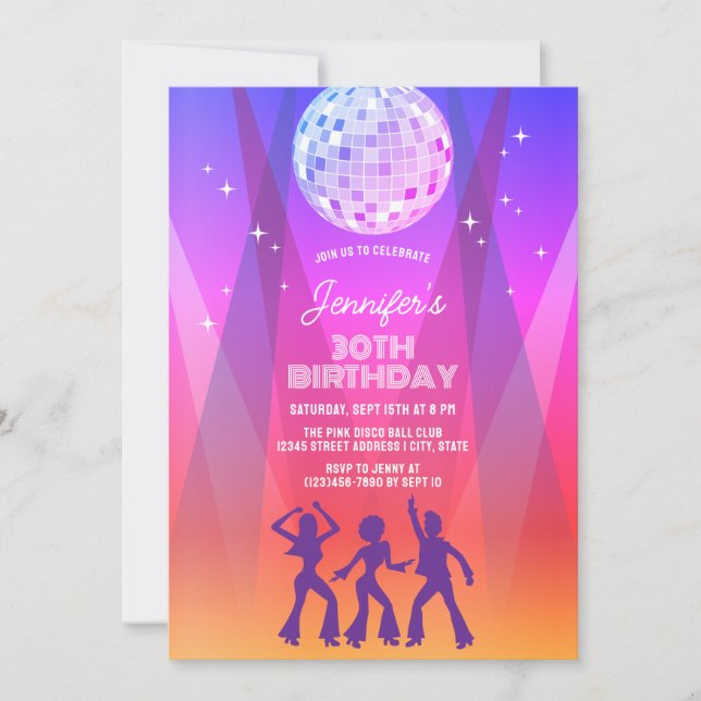 Invitación Fiesta de cumpleaños 30 Groovy Retro 70s 80s Disco (Anverso)