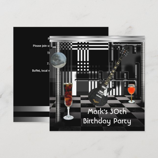 Invitación Fiesta de cumpleaños 30 hombres guitarra bebe blan (Anverso / Reverso)