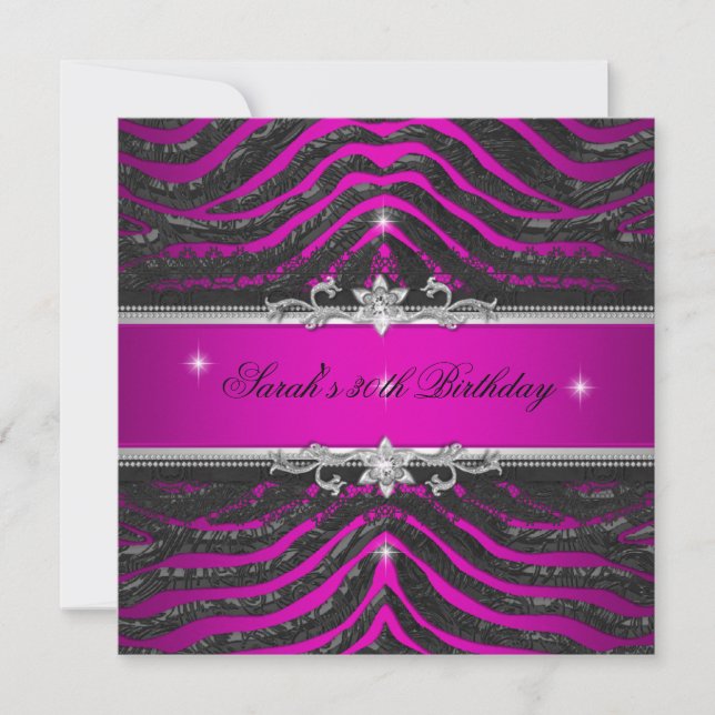 Invitación Fiesta de cumpleaños 30 Hot Pink Zebra Black Silve (Anverso)