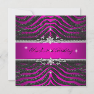 Invitación Fiesta de cumpleaños 30 Hot Pink Zebra Black Silve