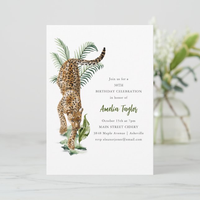 Invitación Fiesta de Cumpleaños 30 Jungle Leopard Acuarela (Anverso de pie)