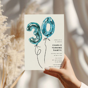 Invitación Fiesta de Cumpleaños 30 Minimalista Azul 30 Globos