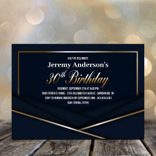 Invitación Fiesta de cumpleaños 30 moderno azul y dorado