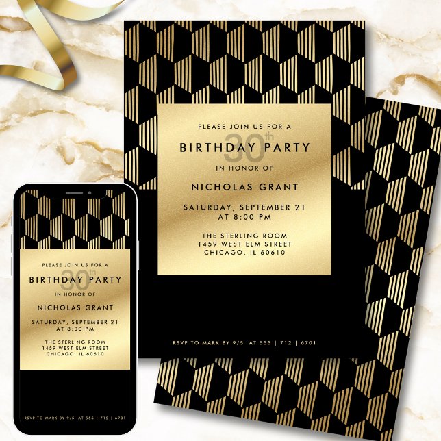 Invitación Fiesta de cumpleaños 30 moderno con lámina de oro  (Subido por el creador)
